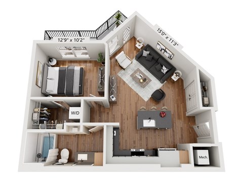 A 12'9" x 10'2" floor plan of a house with a living room, kitchen, and two bedrooms.